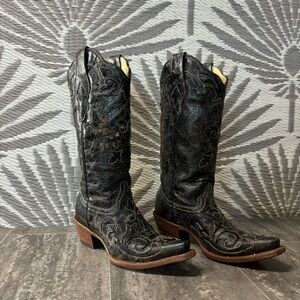 Corral Crackle Lizard Inlay Boots Women’s 5M Blk Snip Toe Western Sz 5 M C1198